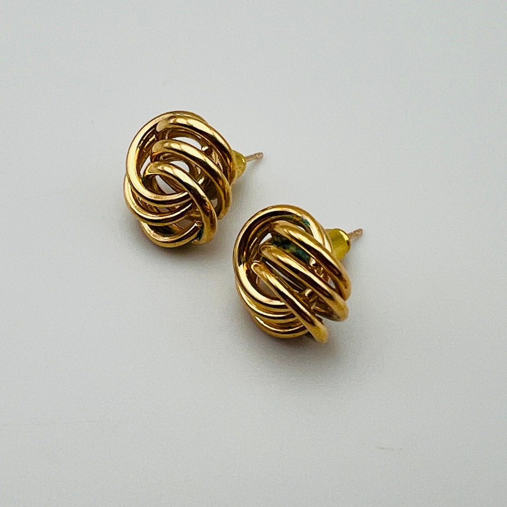 Vintage Gold Tone Love Knot‎ Stud Pierced Earrings Textured Multi Wire Swirl